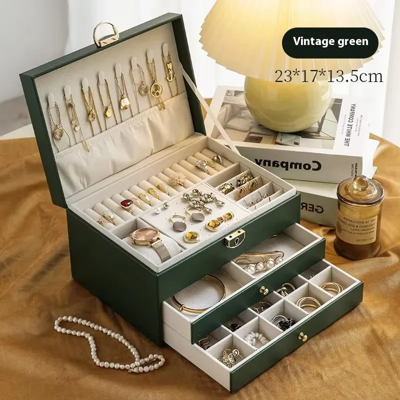 

Gold Jewelry Storage Box with Large Capacity Three-Layer Leather Drawer Square Shape for Necklace Earrings Bracelet Organization