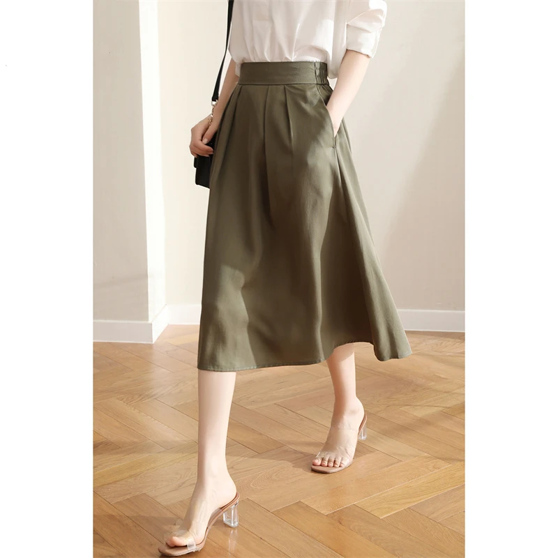 2024 Summer New Comfortable Breathable Elastic Waist High Waist Solid Color A-word Solid Color Women All-match Half Length Skirt