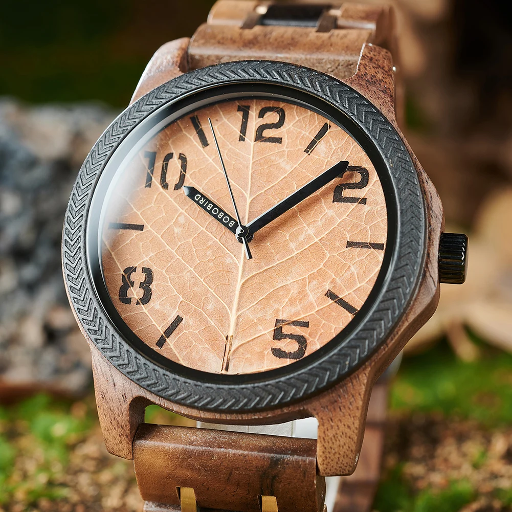 BOBO BIRD Leaf Dial Wood Men's Watches Custom Blessing Natural Handmade Wristwatch Distinctive Wooden Gift Support Dropshipping