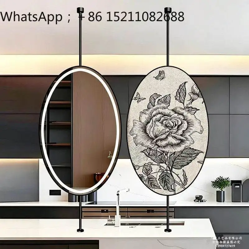 LLY screen partition oval light luxury cosmetic mirror dressing mirror upper and lower rod rotatable suspended bathroom mirror