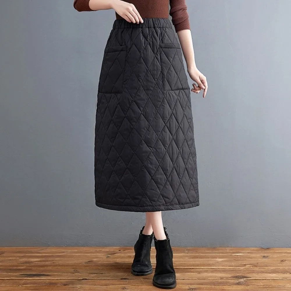 High Waist Midi Length Skirt Winter Warm Cotton Long Skirt Pocket Detail Windproof Design Straight Long Skirt Outerwear Daily