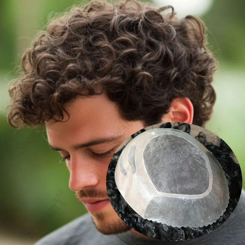 

25MM Curly Super Durable Bond Mono Npu Base Mne's Human Hair Toupee 550# Brown Grey Black Blonde Male Hair Capillary Prothesis
