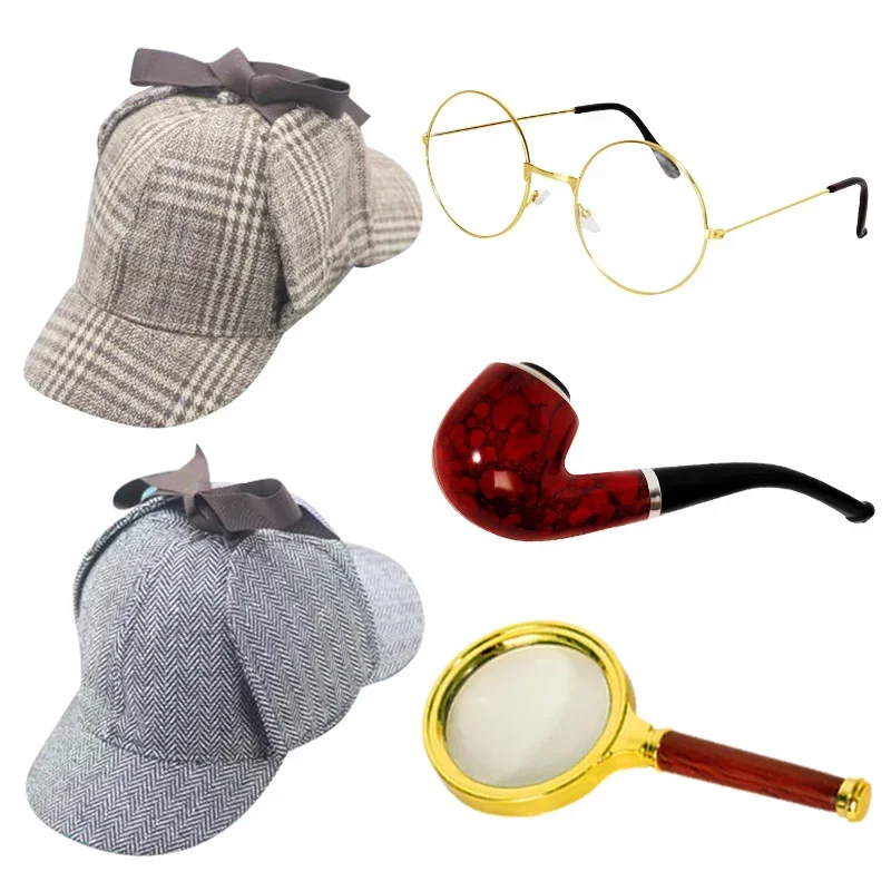 

2025 Pipe Props Halloween Stage Performance Props Detective Hat Deerstalker Detective Sherlock Magnifying Glass Equipment