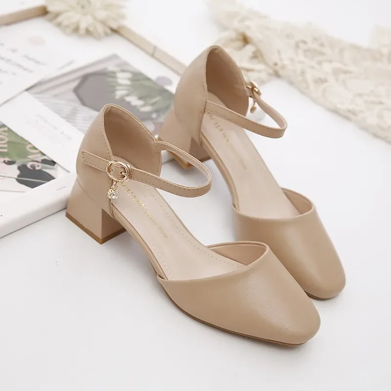 Zapatos De Mujer Fashion Sweet Euroeapn Stylish Square Heel Shoes for Women Lady Cute Sweet Beige Office & Work Heel Pumps A228