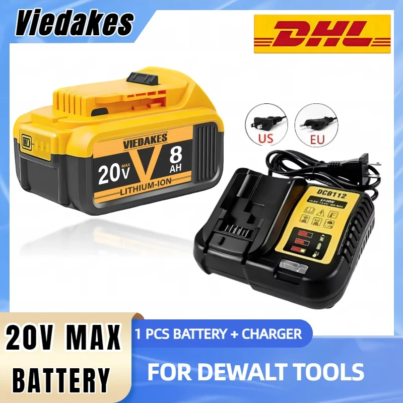 

8.0AH 20V battery +charger for Dewalt 18v 20v max DCH163,DCD805,DCF887 DCG409,DCF620 power tools for dewalt borsa attrezzi