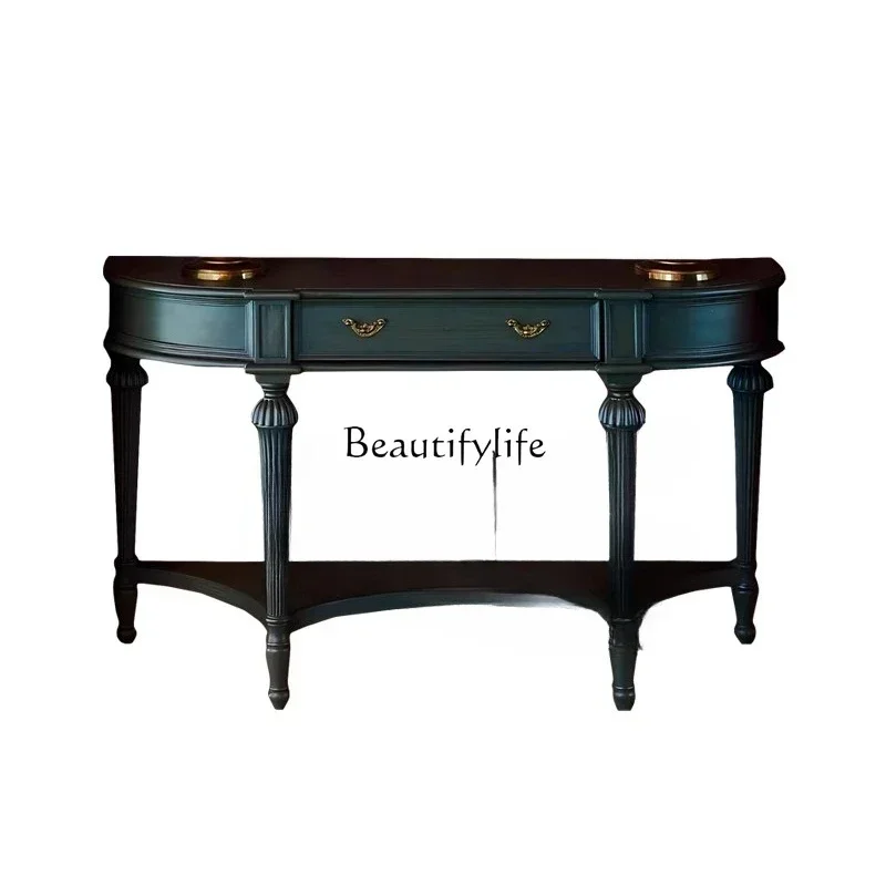 

LXFrench retro solid wood entrance table Semi-round entry American light luxury high sense extremely narrow entrance table