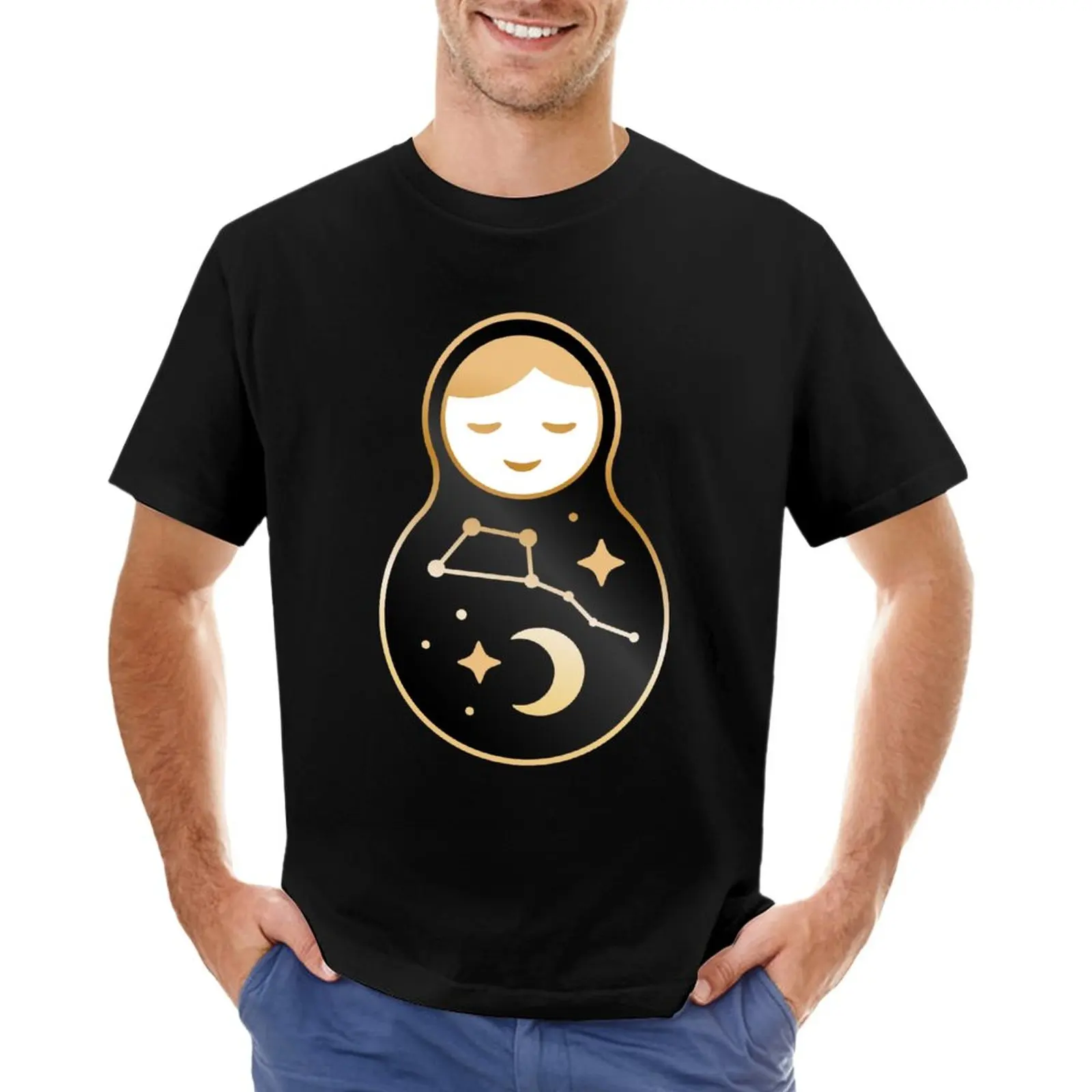 Russian doll matrioshka Babushka smiling cute face, Stars, moon, constellation Ursa Major the Great Bear, night sky. Bla T-Shirt