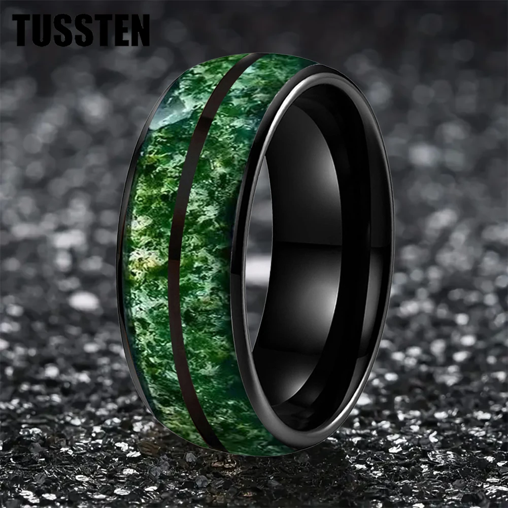 TUSSTEN 6/8MM Dome Double Groove Green Moss Agate Inlay Plated Tungsten Ring for Men Women Fashion Engagement Wedding Band