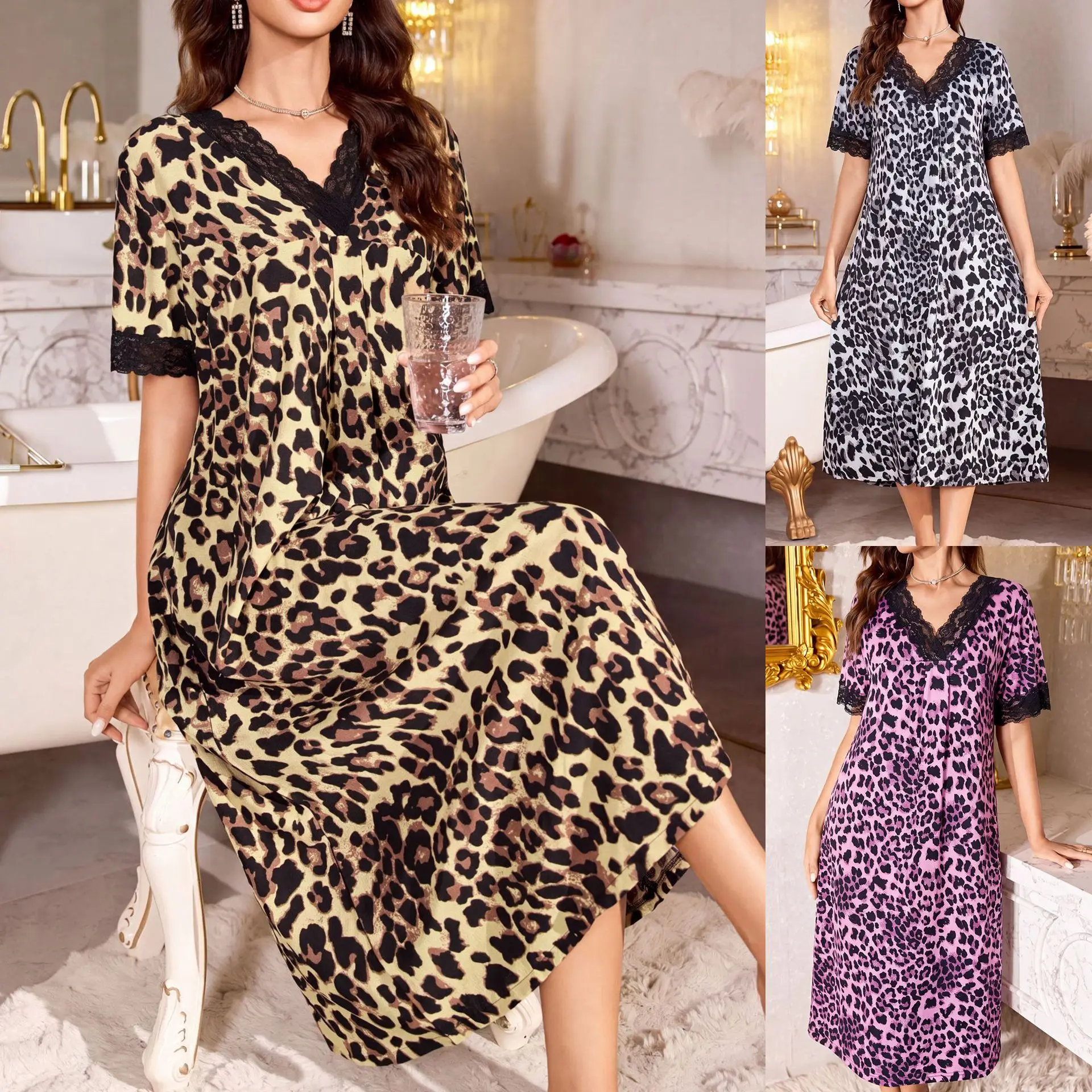 European and American Women's Lace Leopard Print Fashion Loose Slim Mid-Length Casual Sleepwear Dress That Can Be Worn Outside