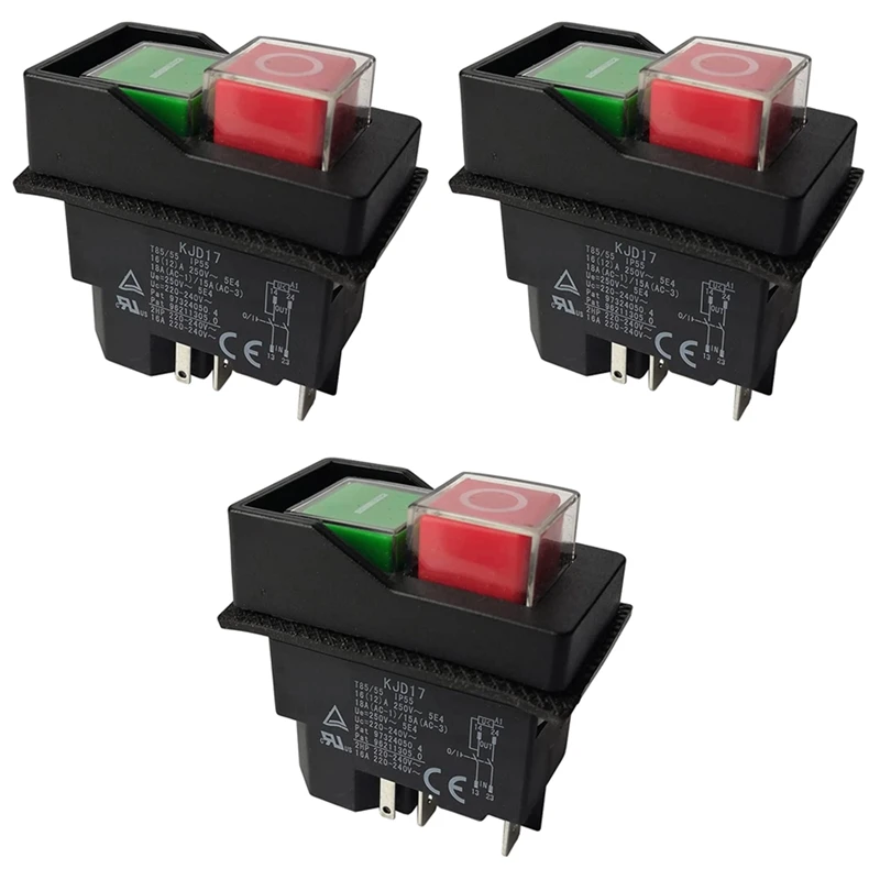 3X Electromagnetic Switches Pushbutton Switches For Garden Tools KJD17 220V 5 Pin -Terminals