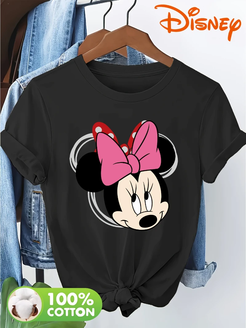 

Женская повседневная футболка с короткими рукавами Disney Minnie - модный черный топ с круглым вырезом из 100% хлопка