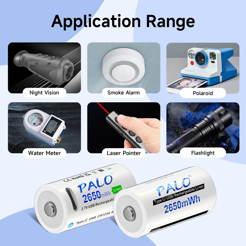 PALO 2650mWh CR123A 16340 Rechargeable Battery 3.7V 16350 lithium Type-C USB Rechargeable Battery for Flashlight CR123 RCR123