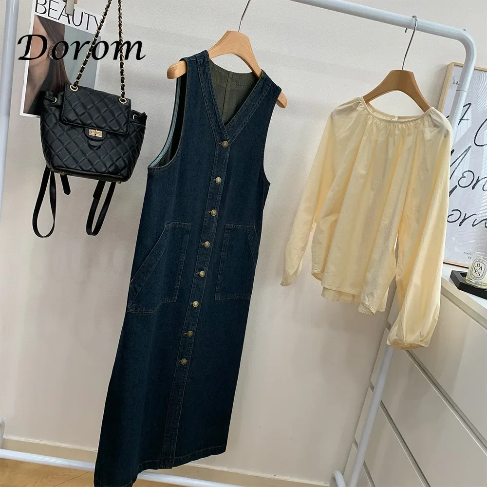 Vintage Blue Denim Sleeveless Dress Outfits Women Summer Sexy V-neck Single-breasted Loose Jeans Sundress Korean Elegant Vestido