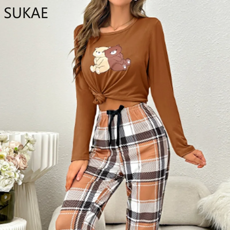 Conjunto pijama de urso fofo para mulheres pijamas macios, pijama de seda leite para menina, pijamas de mangas compridas, loungewear de lazer,