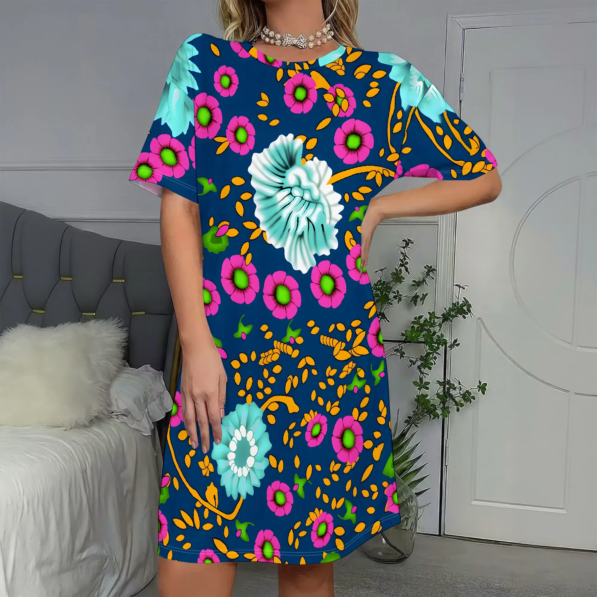 

Vibrant Floral Print Short Sleeve Dress, Blue Base with Pink & Green Flowers, Casual Summer Wear for Women, S-2XL