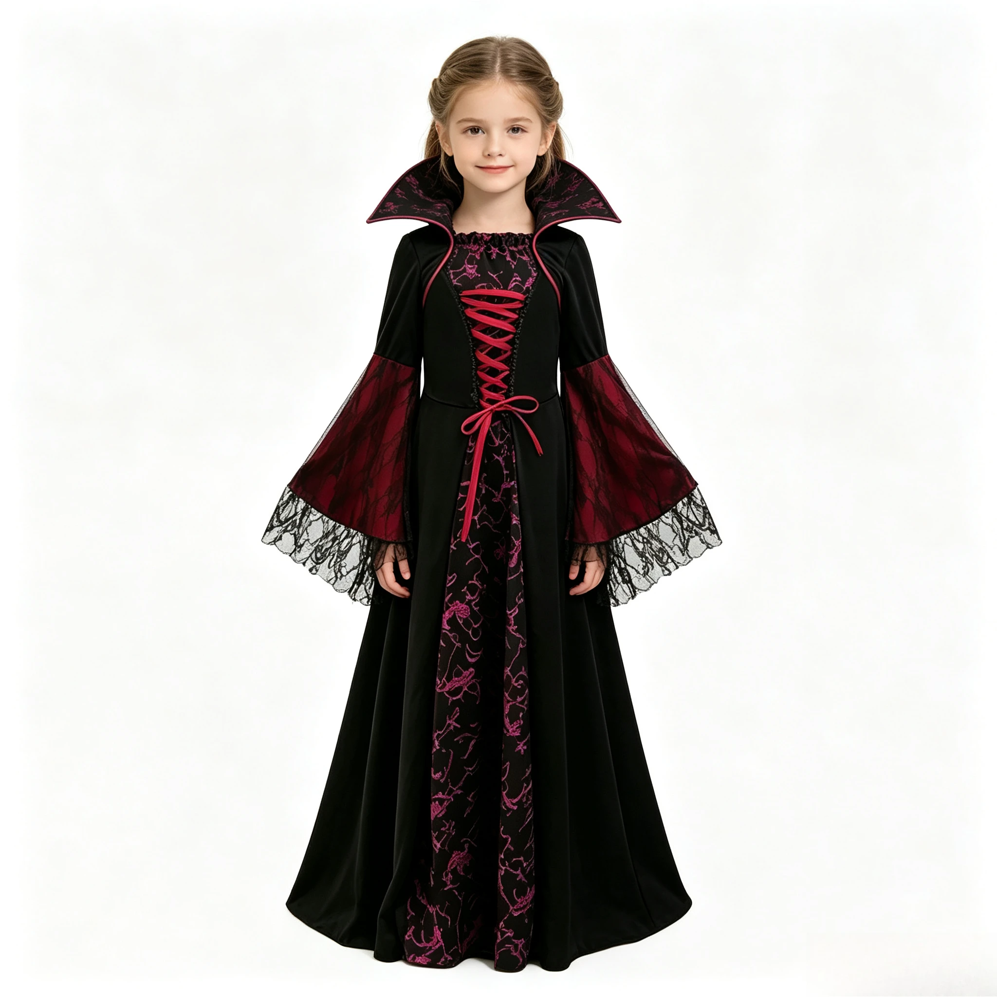 Mädchen Mittelalterliches Vintage-Hexenkostüm mit Langen Ärmeln, Ausgestellten Ärmeln, Schnürkragen und Bedrucktem Kleid für Halloween, Karneval und Cosplay – Detail 6