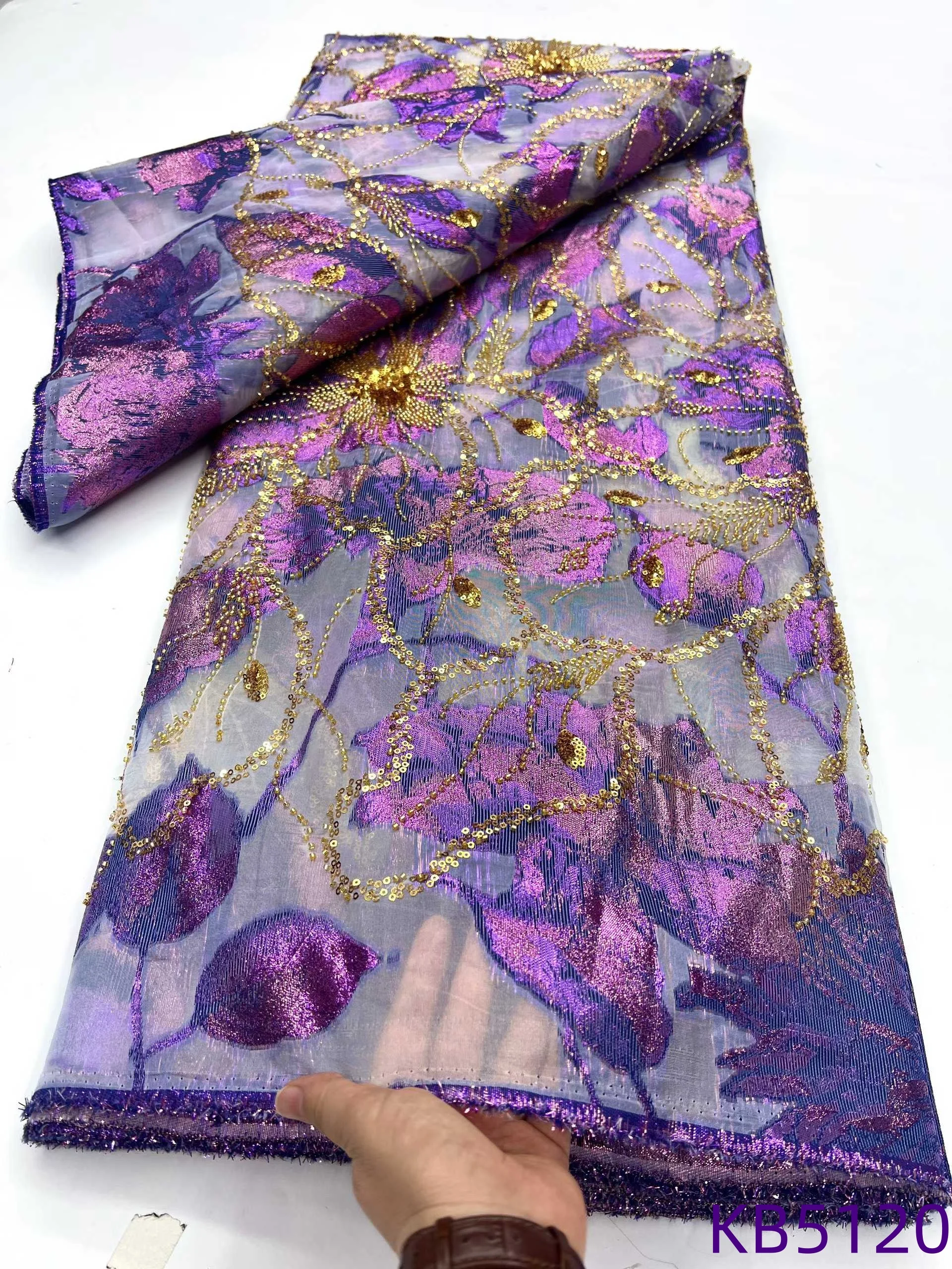 

Beaded Jacquard Brocade Fabrics French Mesh African Lace Fabric 5 Yards High Quality 2025 Sequins Lace Fabrics For Sewing KB5120