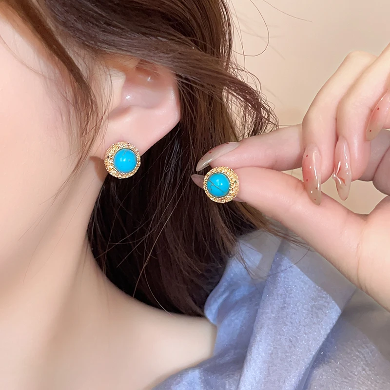 Retro Turquoise Round Earrings 2025 Gold Color Border Jewelry Wedding Party Unusual Accessories For Women Girls Versatile Gifts