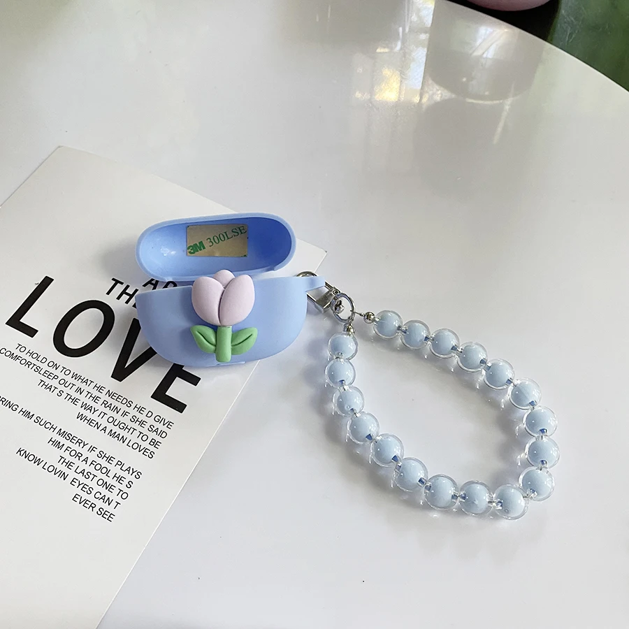 حافظة لهاتف huawei FreeBuds Pro 2 3 4 4E 4i 5i حافظة على شكل زهور التيوليب سماعة أذن من السيليكون مع سلسلة مفاتيح بكبل freebuds 5i