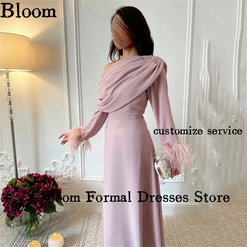 Bloom-vestidos de noche con volantes y hombros descubiertos, manga larga con plumas, línea A, elegantes vestidos formales para fiesta de boda y graduación