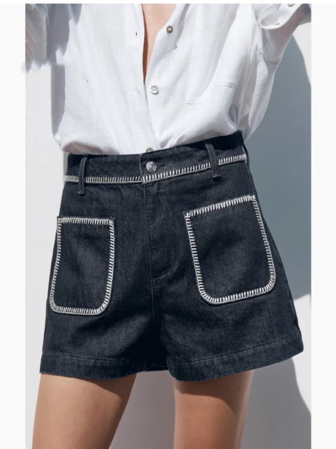 Été 2025 nouveau Faion taille haute brodé Denim orts femmes jambe droite jean taille haute fermeture éclair résistant à l'usure orts