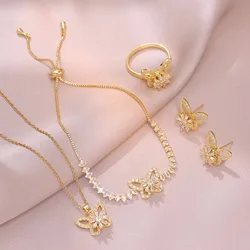 Lucky Rotatable Zircon Butterfly Flower Pendant Necklace for Women Luxury Stainless Steel Earring Bracelet Jewelry Set Colorfast
