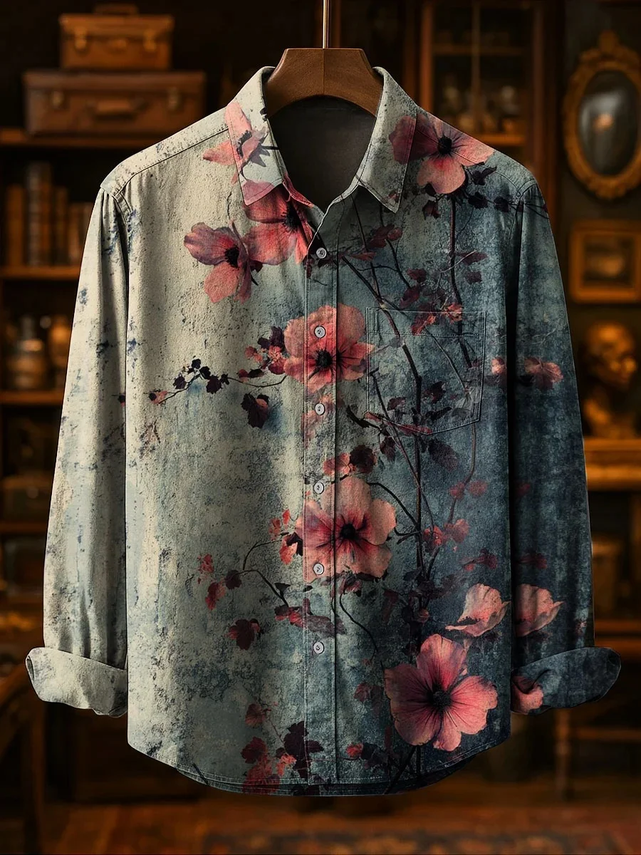 

New men's fashionable linen long-sleeved shirt, 3D artistic print, exquisite floral pattern, button-down shirt, fast shipping