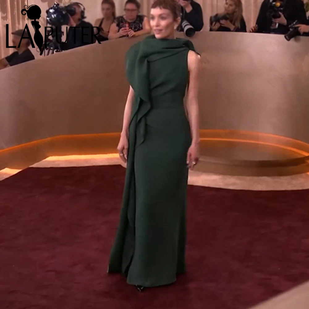 

Изумрудно-зеленое длинное вечернее платье для матери невесты из крепа с высоким воротником-шарфом, без рукавов, элегантное, для свадьбы