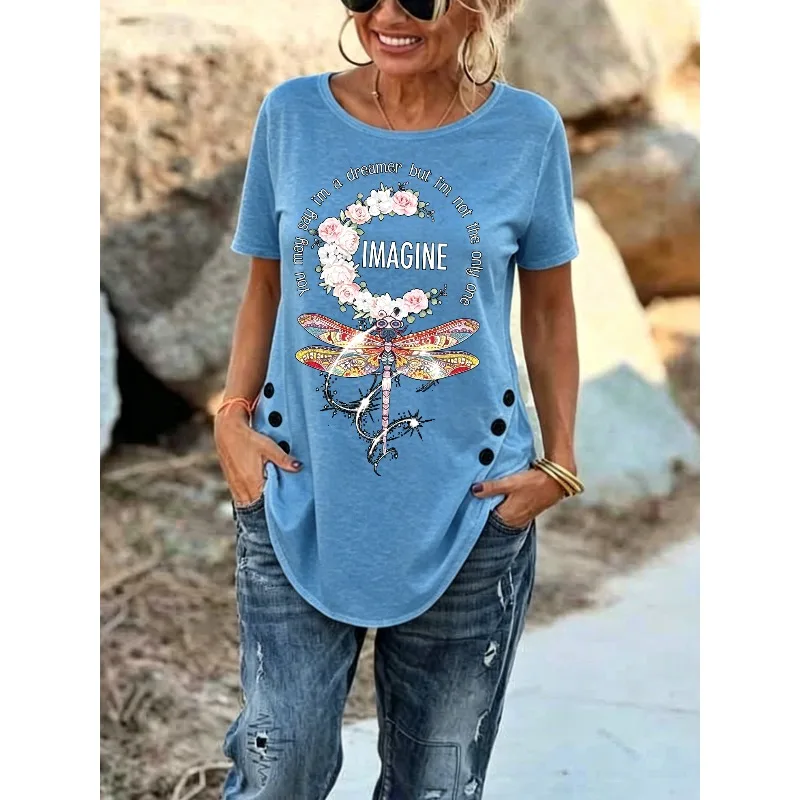 ilstile Women's Hippie Flower Print T-Shirts Summer Short Sleeve Casual Loose Round Neck IrregularTops Tees