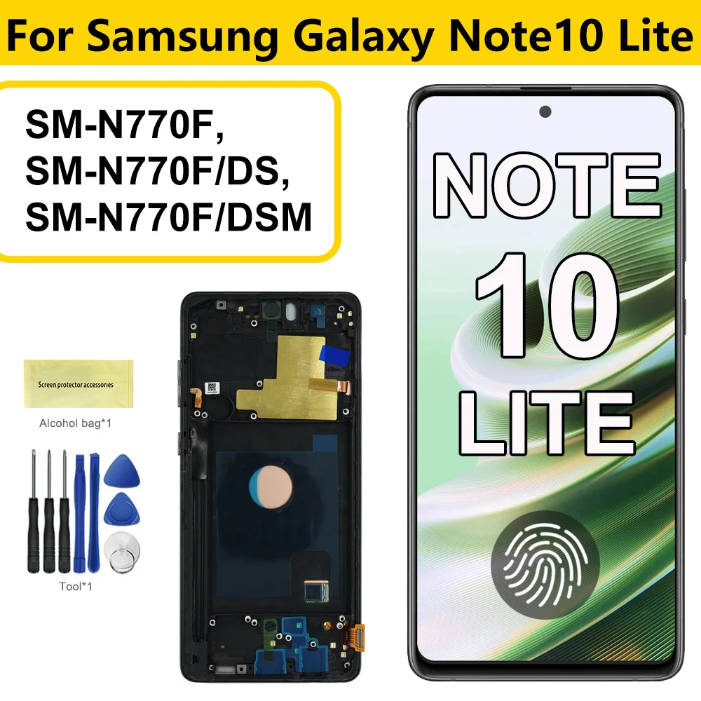 AMOLED لسامسونج نوت 10 لايت N770F شاشة الكريستال السائل محول الأرقام بشاشة تعمل بلمس مع الإطار لاستبدال سامسونج غالاكسي نوت 10 لايت