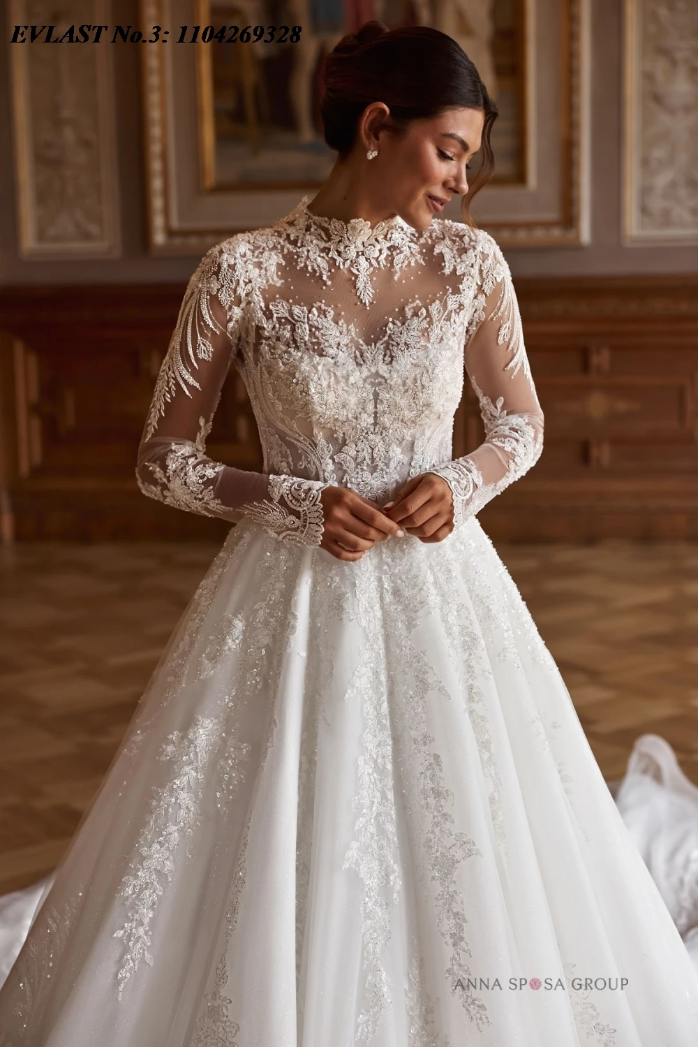 EVLAST فستان زفاف أنيق مخصص على شكل حرف A بأكمام طويلة ورقبة عالية مزين بالزهور فستان زفاف مطرز Vestidos De Novia E3WA62 #3