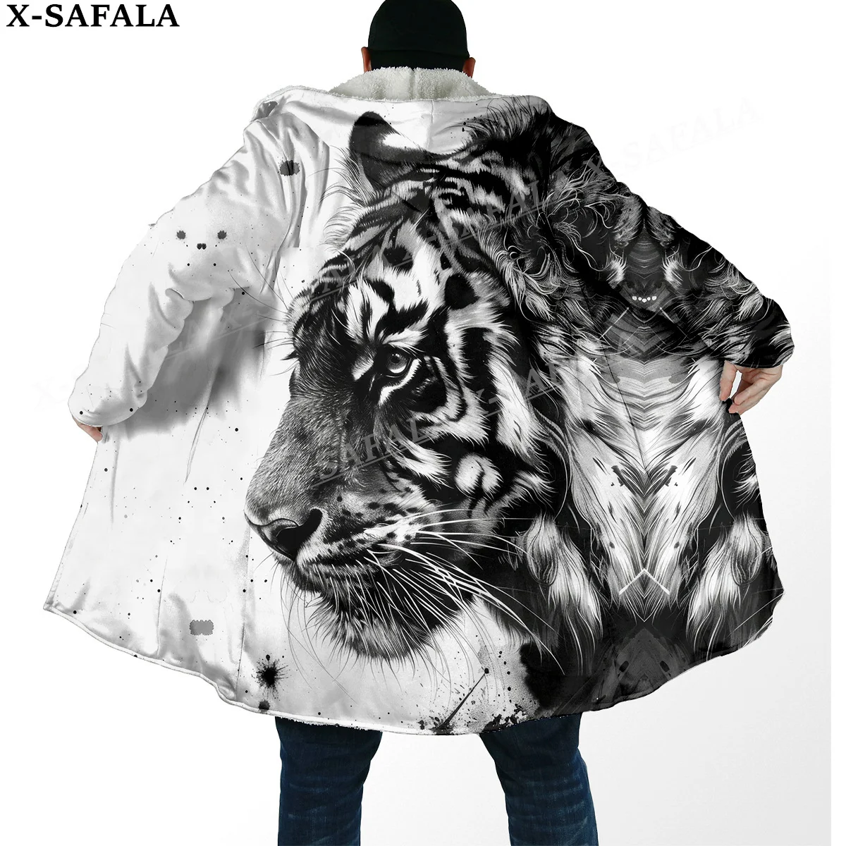 Mythology Tiger The King Spirit Thick Warm Hooded Cloak Men Overcoat Coat Windproof Fleece Cape Robe Hooded Blanket-14