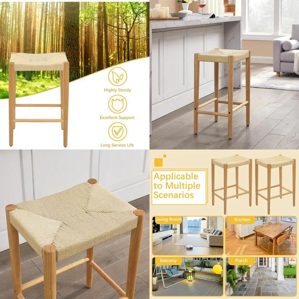 

Bar Stools Set of 2, 26 Counter Height Barstools with Woven Seat amp Footrests, Boho Backless Bar Chairs with Rubber Wood Frame