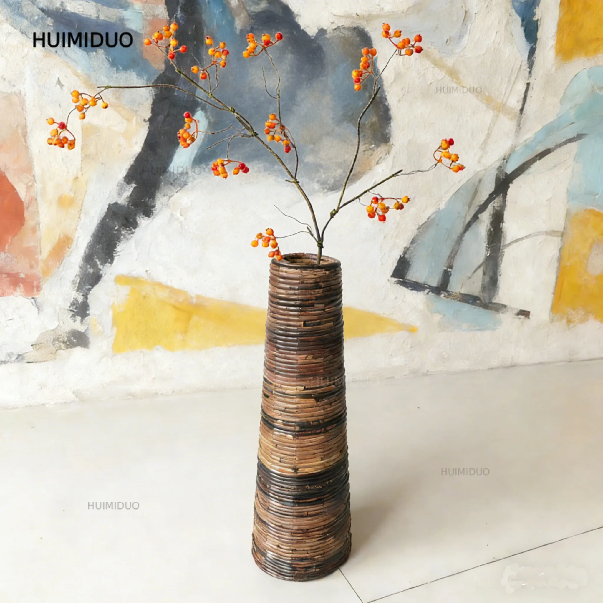 Wabi Sandy Wind Natural Rattan Floor Vase Designer Light Luxury High-end Living Room Decoration Ornament Brown