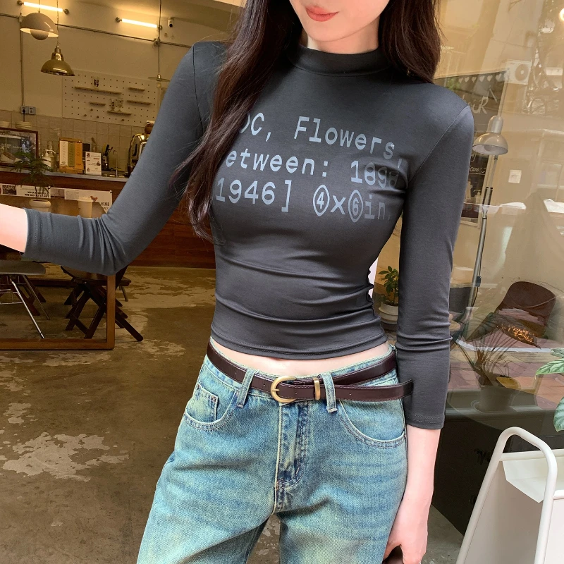 

2025 New Letter Printed Women's Short T-shirt Knitwear Long Sleeve Half Turtleneck Casual Korean Bottom Shirts Slim Tops Female