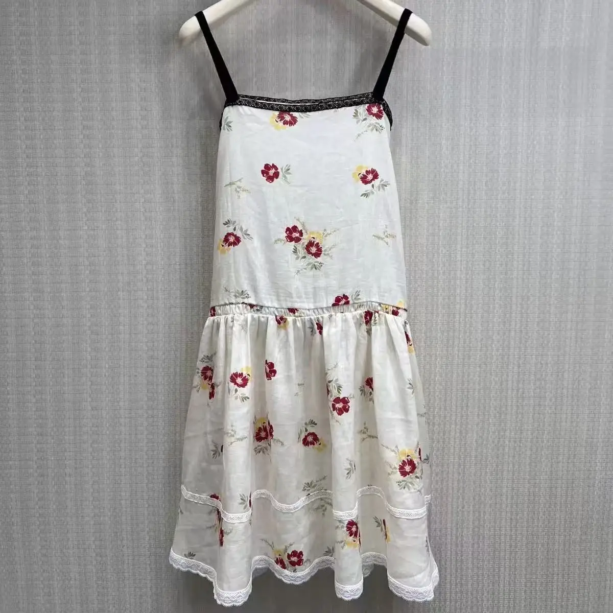 French-style red plaid halter dress with lace collar, cinched waist and pleated sequined border beach dress