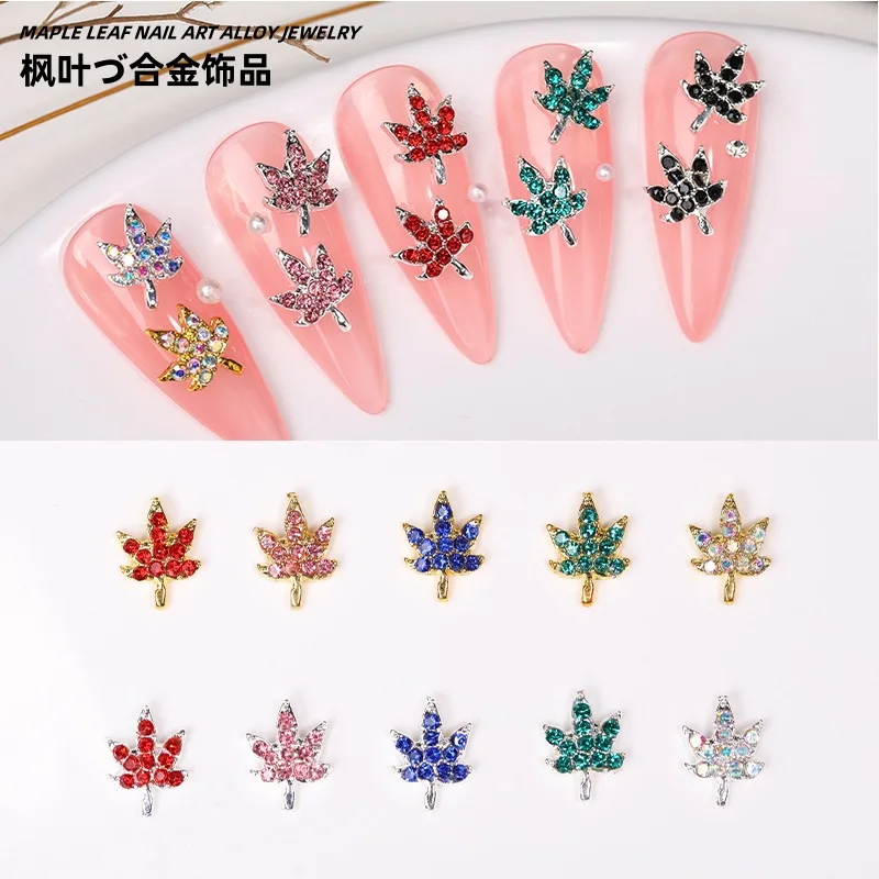10pcs/lot Crystal Maple Leaf Nail Alloy Jewelry Colorful French Sparkling Diamond 3D Nail Decoration Accessories