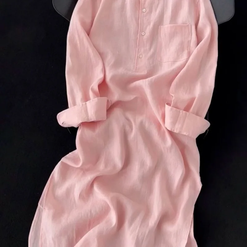 Chinese Stijl Literaire Losse Linnen Jurk Vrouwen Herfst Nieuwe Mode Roze Polo Kraag Dunne Rechte Lange Jurken Dameskleding