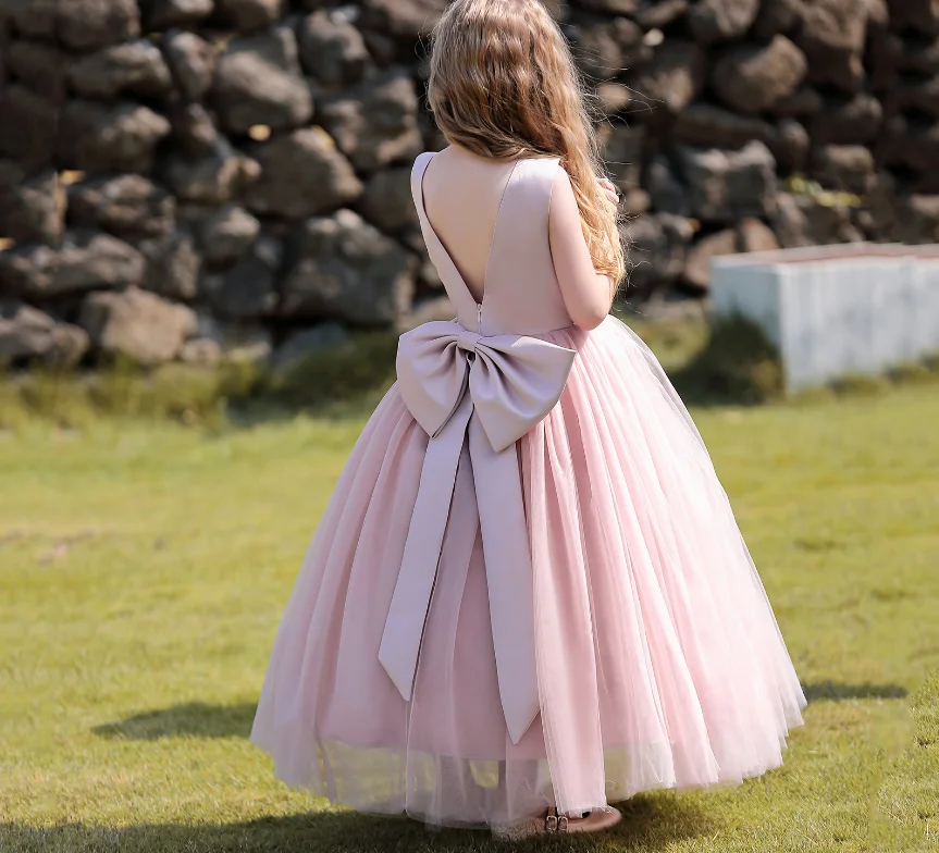 

New Baby Girls Fairy Boutique Back Big Bow Flower Mesh Dress, Princess Kids Elegant Fashion Party Dresses 5-12 T
