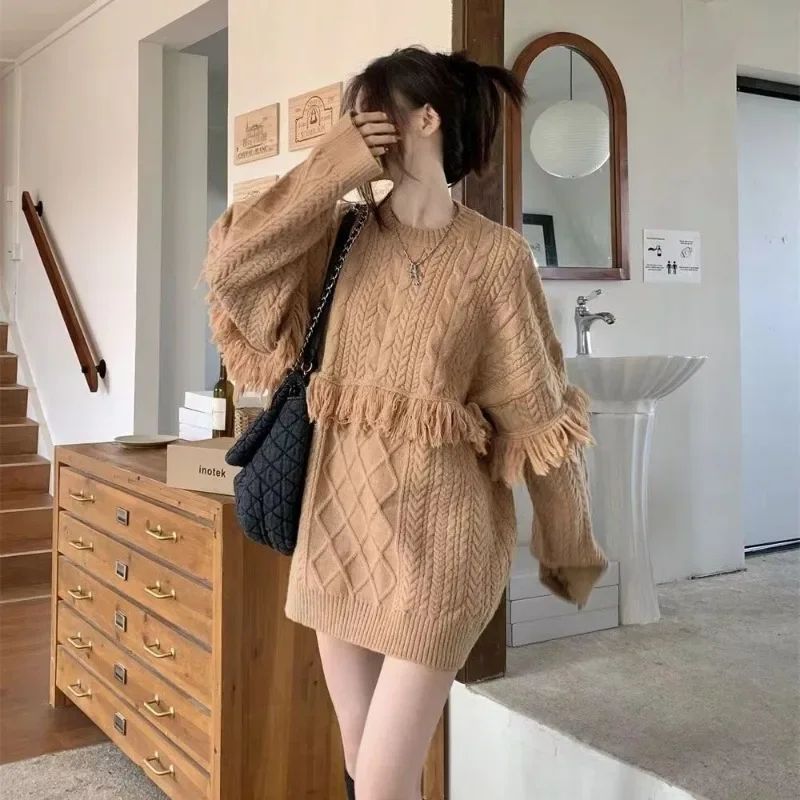 Knitted Twist Loose Pullovers Women Long Autumn Winter Slouchy Tassel New Design O-neck Panelled Ulzzang All-match Female Mujer