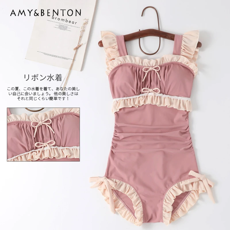 Pink Sweetheart Japanese Cute Lolita One Piece Swimsuit Women Preppy Style Sweet Bow Lace Up Patchwork Bathing Suit Students