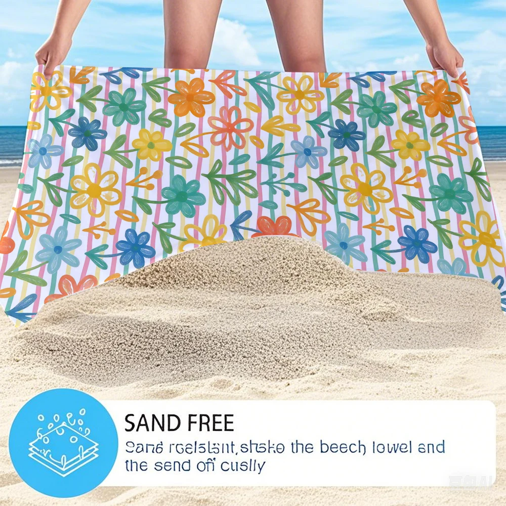 Pastel Floral Stripes Compact Travel Beach Towel Super Absorbent Sand Resistant, Microfiber for Swimming Camping Yoga