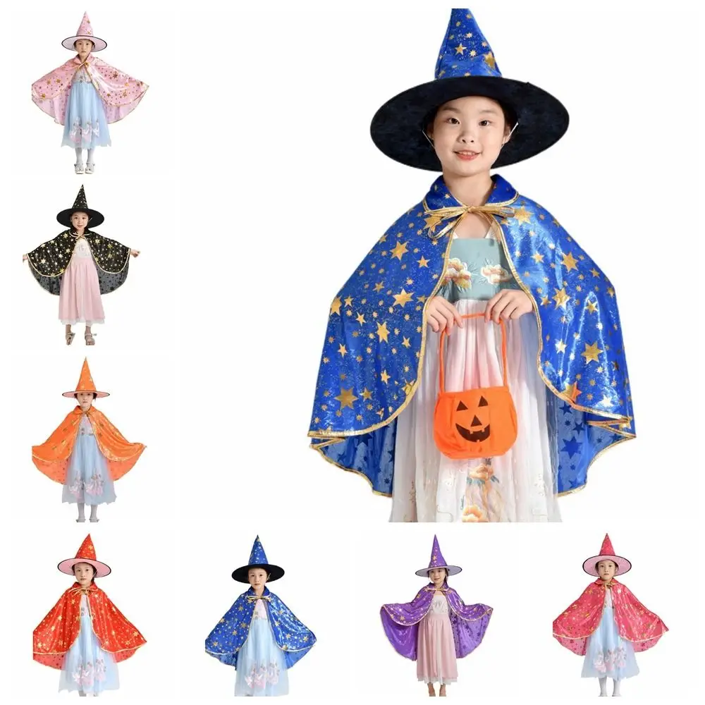 Star Witch Cloak Cape with Hat Gilding Multicolor Halloween Cloak Sets Magician Outfit with Wizard Hat Halloween Costumes Girls