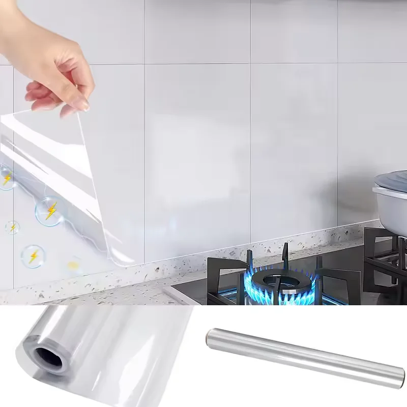 Transparent Electrostatic Kitchen Oil Proof Sticker Waterproof Heat Resistant Wall Protector Film, No Glue Removable Tile Backs