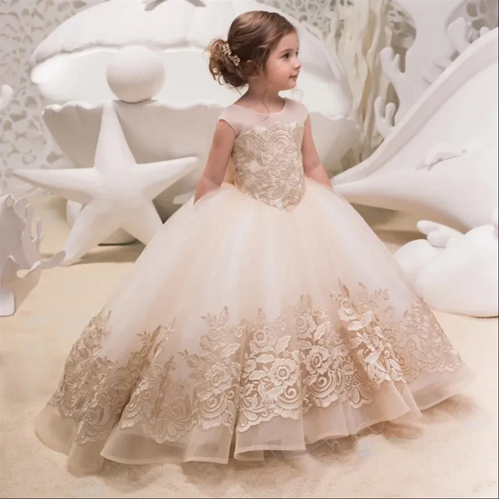 Flower Girl Wedding Dress Sleeveless Appliques Lace with Bow Kids Bridesmaid Princess Birthday Party First Communion Ball Gown