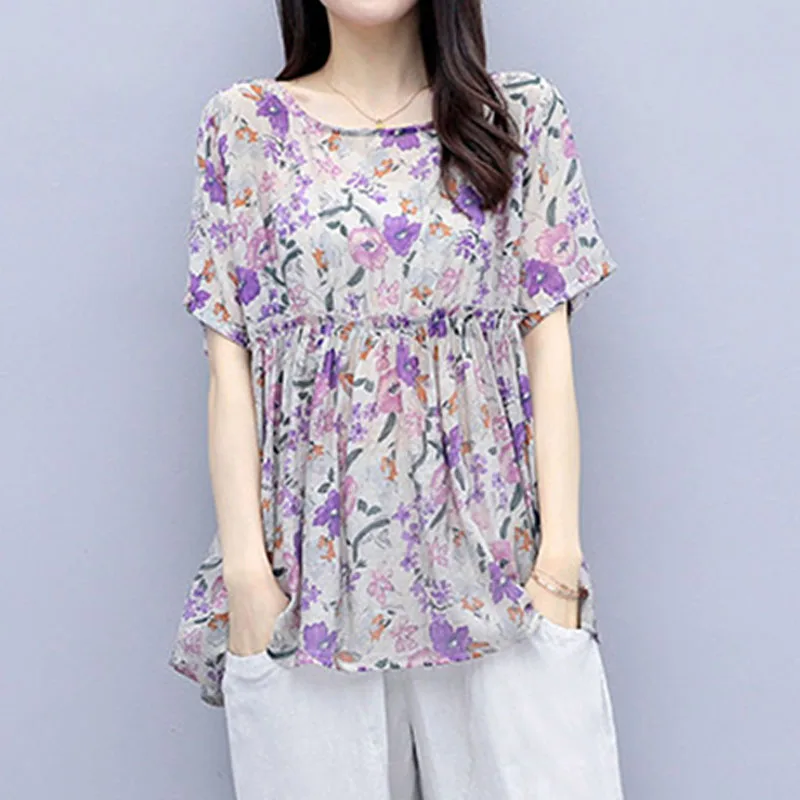 Fashion Loose Short Sleeve Floral Print T-shirt for Female 2023 Korean Casual Vintage Round Neck Tops Women\'s Clothing Summer