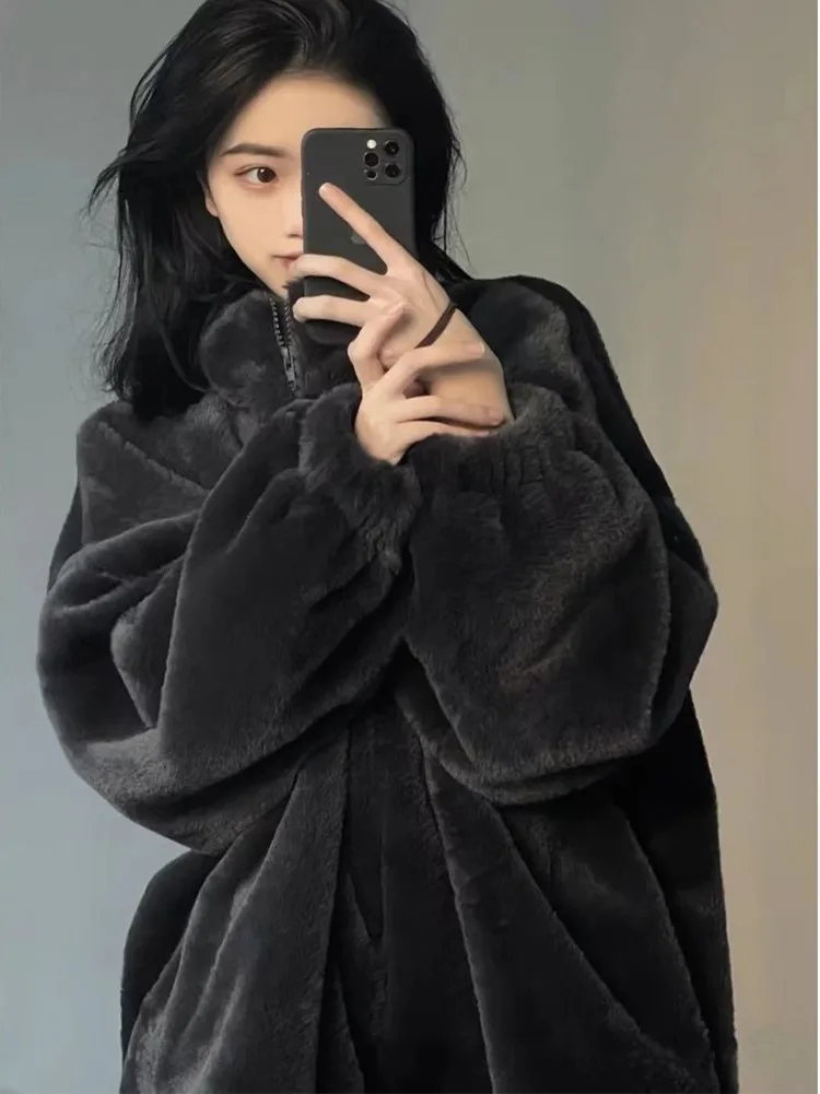 Black Faux Rabbit Fur Fleece Jacket Women Winter Long Sleeve Stand Collar Warm Plush Coat Casual Loose Thicken Student Outerwear