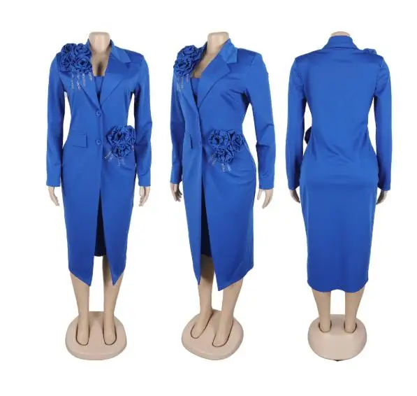 

Two Piece Set Women Outfit 2025 Spring Autumn Floral Pearl Rhinestone Notched Collar Long Sleeve Blazer & V-Neck Cami Long Dress