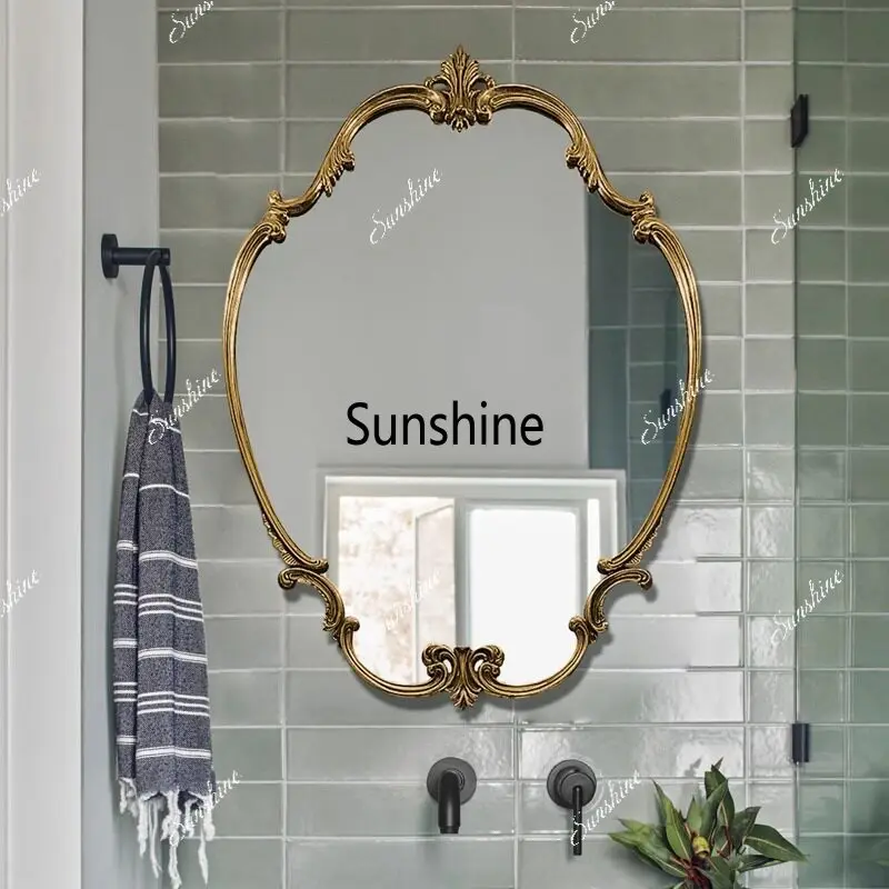French retro bathroom mirror solid wood carving flower toilet makeup mirror