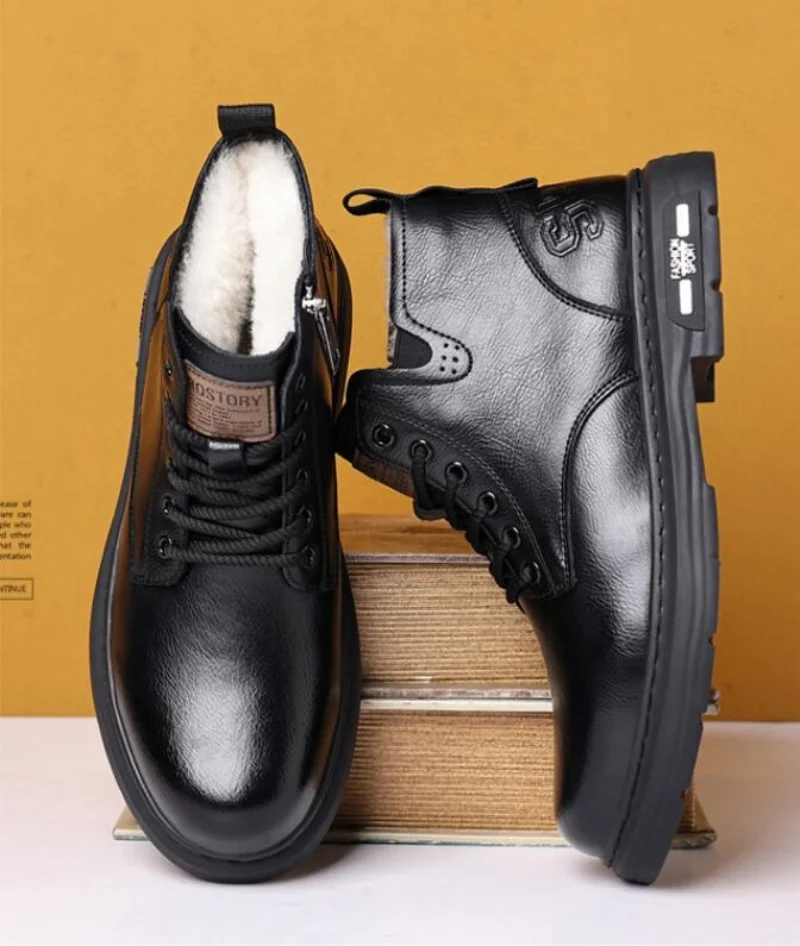 

Winter Genuine Leather Shoes Mens Snow Boots Warm Plush Flat Brand Male Ankle Boots Black Brown Non-slip